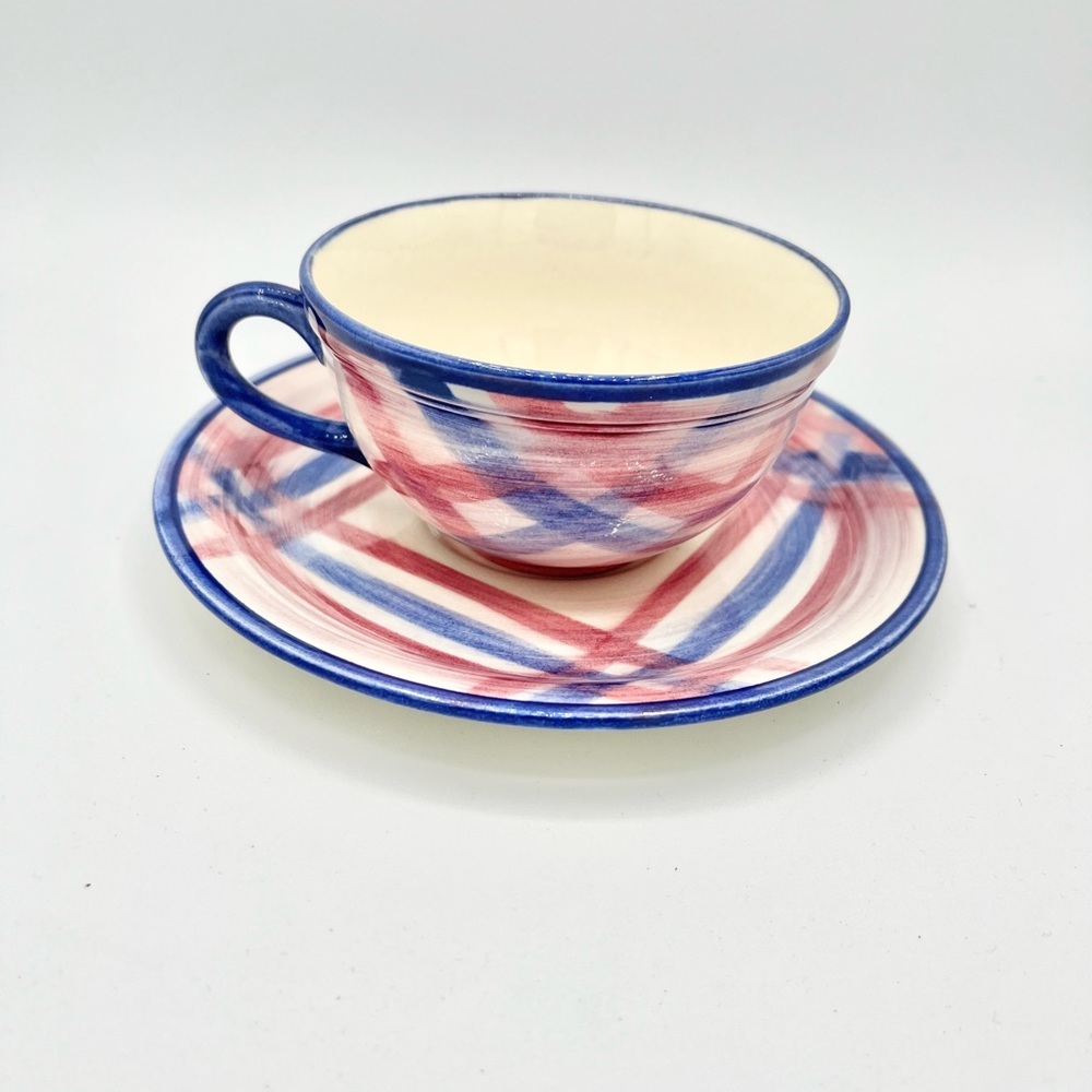 Vernon Ware Vintage Coffee Cup & Saucer Calico Plaid Mid Century Made In USA